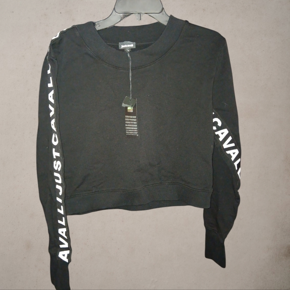 Just Cavalli Women Cropped Sweatshirt Long Sleeve Black size Large New